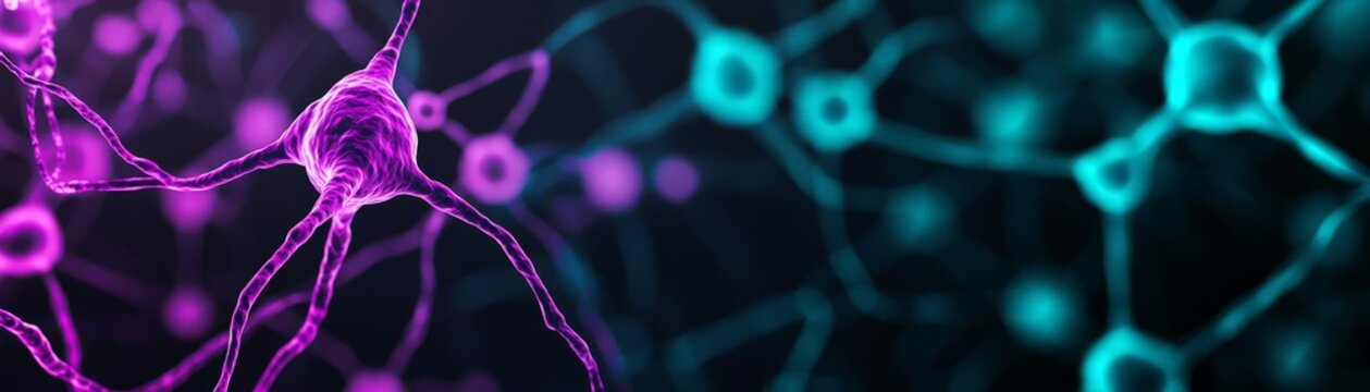 Glowing fluorescent microtubules in purple and teal, abstract microscopy composition, dark background