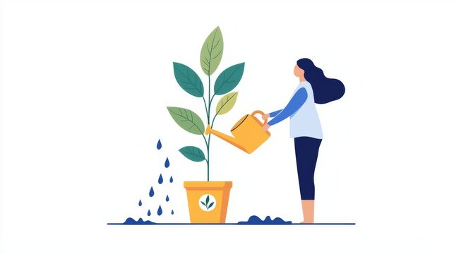 A woman watering a plant in a pot, representing growth and care.