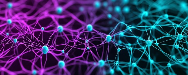 Glowing patterns of fluorescent neuron connections in purple and teal, high-resolution microscopy