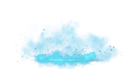 Blue stage with smoke and particle saw light on the floor. Neon light. Empty blue stage and studio room with floating smoke. For product demonstrations. PNG.
