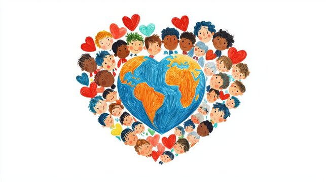 Heart-shaped world illustration with diverse children and love.