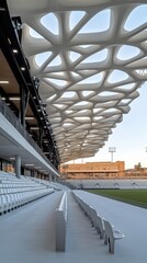 Obraz premium Detailed view of a steel roof truss structure at a stadium highlighting craftsmanship and engineering design in bright conditions
