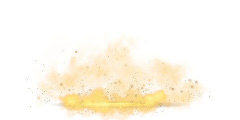 Yellow stage with smoke and particle saw light on the floor. Neon light. Empty yellow stage and studio room with floating smoke. For product demonstrations. Misty texture overlays background. PNG.