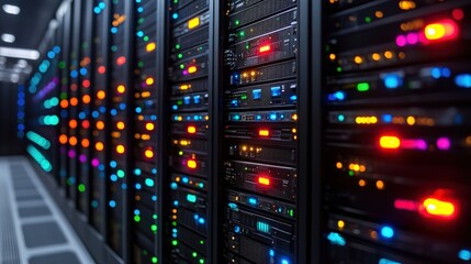 Colorful illuminated server racks in a modern data center showcasing advanced technology