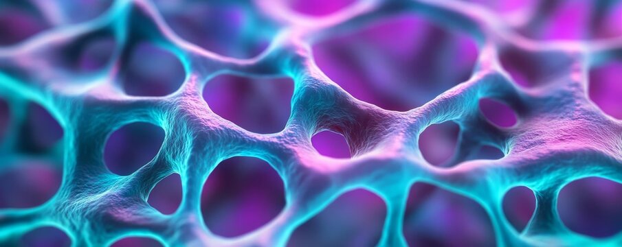 Highly detailed fluorescent endothelial cells under UV light, bright blue and purple tones, bio-research focus