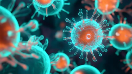 Obraz premium Immune cells glowing in fluorescent teal and orange under UV, bio-research visualization