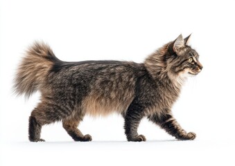 Obraz premium Majestic tabby cat walking gracefully with an elegant posture, showcasing its fluffy fur and captivating eyes against a pure white background