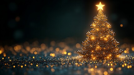 Golden Christmas Tree Glowing Brightly On Glitter