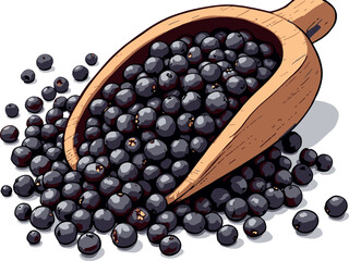 Vsai dried juniper berries spilling from wooden scoop on white background