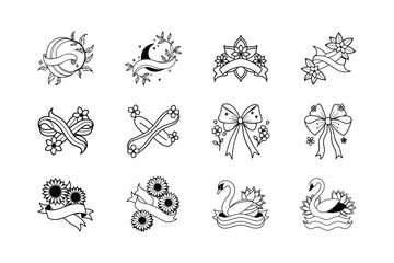 Vintage Tattoo Flash Ribbons, Bows, Swans, Floral Designs