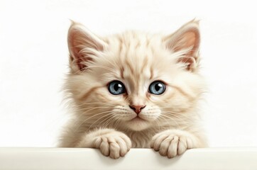 Cute adorable domestic curious cat kitten animal with its paws peeking over a white surface, photorealistic illustration on isolated background texture design.
