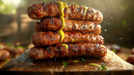 Heaping stack of grilled sausages with mustard