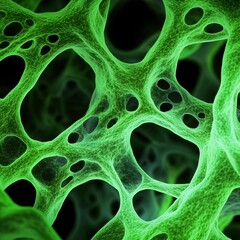 Microscopic view of glowing algae structures in fluorescence microscopy, vibrant green tones, dark contrast
