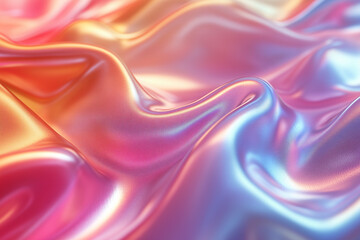 Obraz premium Shimmering Satin Abstract: A mesmerizing abstract background of iridescent satin, swirled and rippled in soft, dreamy hues of pink, orange, and blue, evoking a sense of elegance and sophistication. 