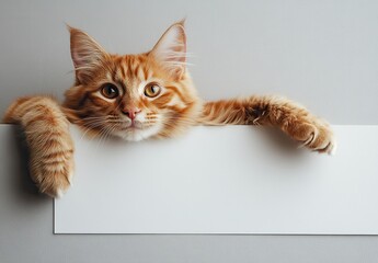 Orange Tabby Cat with Fluffy Ears Resting on a White Surface Looking Curious Against a Gray Background in a Cozy Home Environment