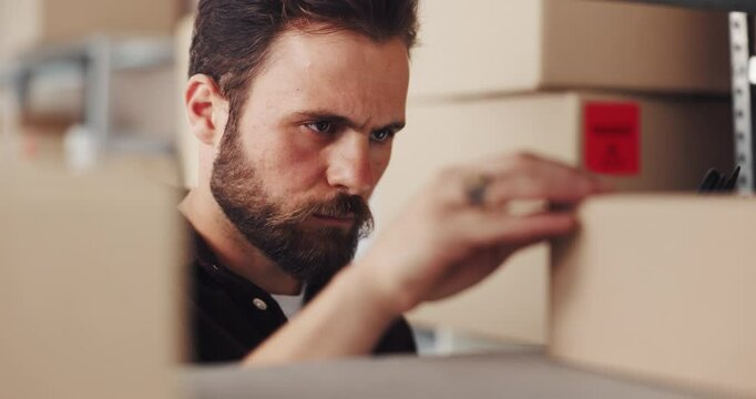 Man, inspection and box with tablet of small business, inventory management and shipping process. Person, check and digital checklist with package information, supply cain and logistics distribution