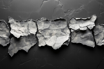 Torn Paper Fragments on Dark Surface: A close-up shot of a row of ripped and crumpled paper fragments scattered across a dark, textured surface, creating a sense of artistic abstract chaos.