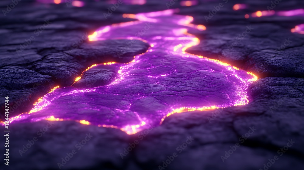 Poster Glowing Purple Lava Flowing Through Dark Cracked Rock