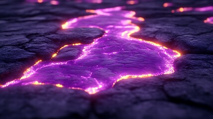 Glowing Purple Lava Flowing Through Dark Cracked Rock