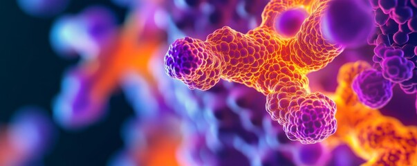 Fototapeta premium Protein folding glowing in orange and purple, abstract fluorescence microscopy art