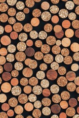 Circular wooden and cork pieces arranged in a pattern