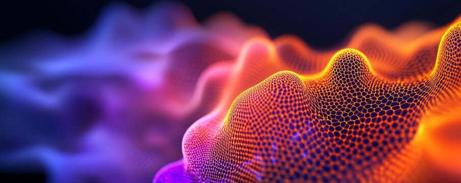 Protein folding glowing in orange and purple, abstract fluorescence microscopy art