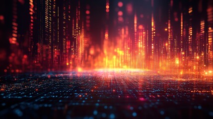 Naklejka premium Abstract digital landscape with glowing lines and particles representing data flow.