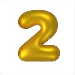 3D gold balloon number font. Number 2. Golden anniversary or birthday party celebrate. Shiny metal typography symbol for sale decoration. Bright font.