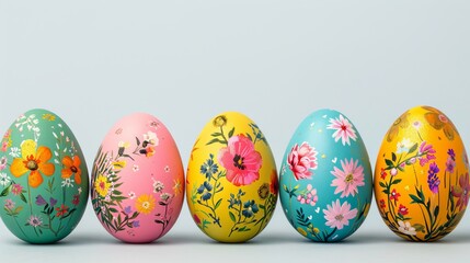 Fototapeta premium Row of easter eggs featuring black floral patterns against a white background with blank space