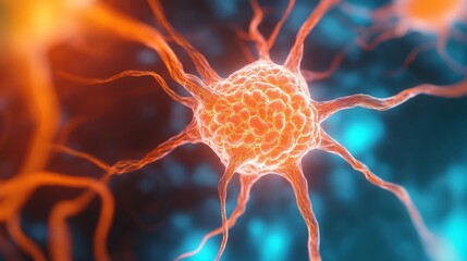 Stunning depiction of fluorescent nerve endings glowing in vivid orange and blue, neuroscience theme