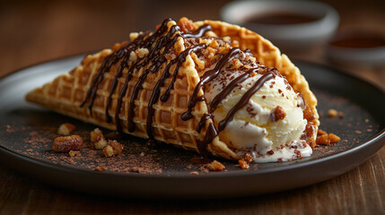 Delicious ice cream cone filled with creamy vanilla ice cream and drizzled with chocolate