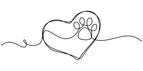 Heart with cat or dog paw in continuous one line drawing logo. Minimal line art. Animal foorprint in heart, Dog and cat paw hearts drawn in one continuous line. Dog paw prints in a heart frame.