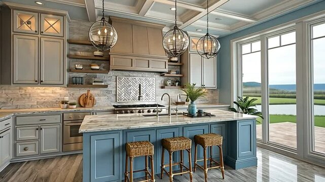 Elegant Coastal Kitchen Design with Stunning Lake View