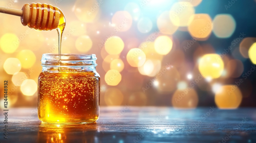 Poster honey drips from a wooden dipper into a glass jar, reflecting warm light. the background glows with 