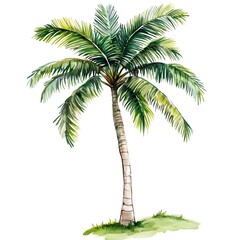 Watercolor Palm Tree Illustration with Green Tropical Leaves Isolated, 