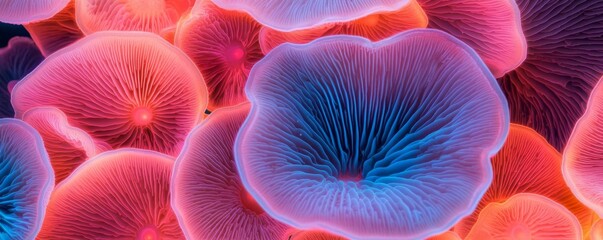 Obraz premium Stunning glowing patterns of bioluminescent fungi under fluorescence microscopy, macro biology