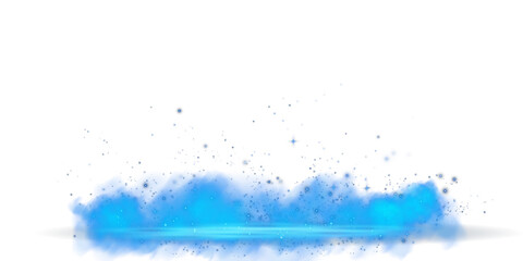 Blue stage with smoke and particle saw light on the floor. Neon light. Empty blue stage and studio room with floating smoke. For product demonstrations.. PNG.