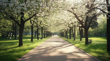 Fototapeta premium Couple strolling park path, blossom trees, sunny day, spring