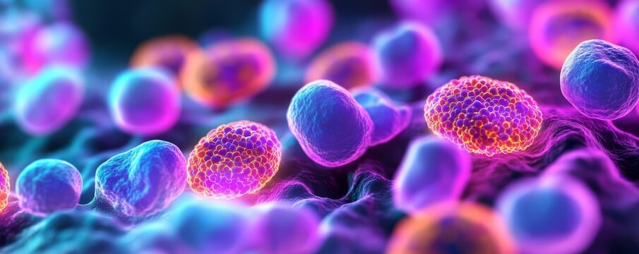Vibrant fluorescent cancer metastasis cells glowing under UV light, dark background, bio-research focus