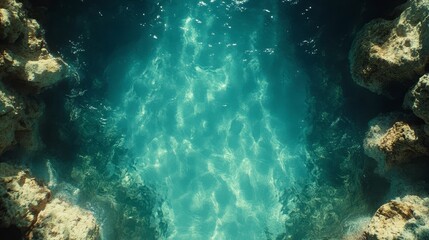 Fototapeta premium Underwater rocks, sunlight, clear water, tranquil scene, nature background