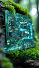 Obraz premium ESG green technology concept: sustainable technology, microchip on circuit board, glowing connections, covered in green moss, trees in the background, eco, green planet, world earth day 