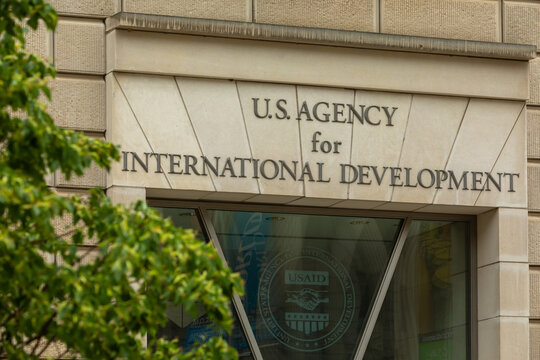 Washington, DC, USA - 12 June 2021:  U.S. Agency for International Development (USAID) Headquarters, Lettering at the Facade; Copy Space
