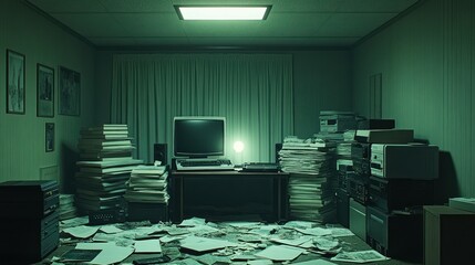 Cluttered Retro Office Night Computer Work