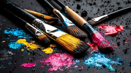 Obraz premium Colorful paintbrushes, cyan, magenta, yellow, black background, art supplies
