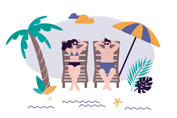 Summertime, concept. Tourists lying on deck chairs sunbathing under beach umbrella. Sea shore with palm trees, exotic hotel. Love couple on summer vacation, tropical resort.
