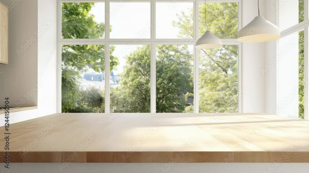 Poster sunlight illuminates an empty kitchen countertop in slow motion, creating a peaceful and inviting at