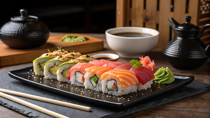 Sushi rolls, colorful assortment, black rectangular plate, wooden background, chopsticks, tea cup, teapot, Japanese cuisine, high-quality food photography, soft lighting, vibrant colors, close-up deta