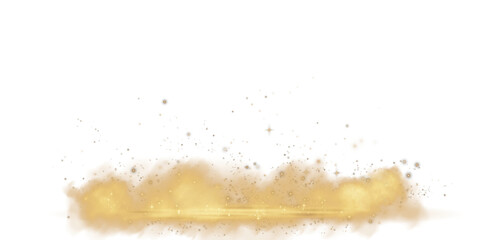 Golden stage with smoke and particle saw light on the floor. Neon light. Empty golden stage and studio room with floating smoke. For product demonstrations. Misty texture overlays background. PNG. © Orange Sky