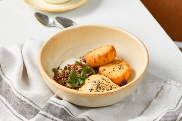 Rustic Syrniki with Caramel Mousse and Yogurt Granola - Warm Earth Tones and Cozy Composition