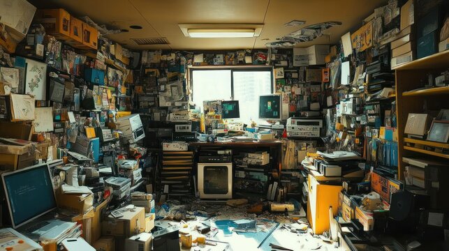 Cluttered retro tech room, workday scene, window light, storage